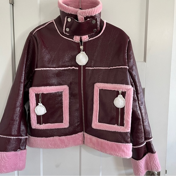 Boohoo Women’s Faux Fur/Leather Lined Sherling Burgundy/Pink Crop Trucker Jacket - Picture 9 of 12